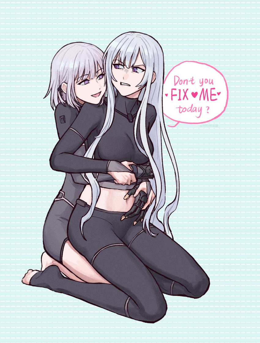 2girls ak-15_(girls'_frontline) angry arianaleonardo barefoot girls'_frontline grey_hair happy highres holding_hands hug hug_from_behind long_hair multiple_girls plugsuit purple_eyes rpk-16_(girls'_frontline) short_hair yuri