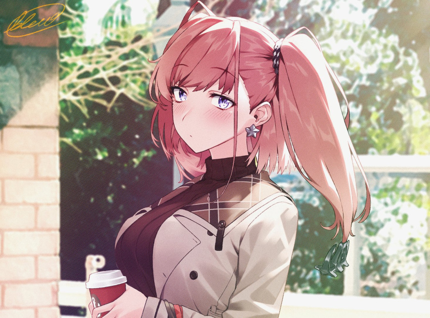 1girl atlanta_(kancolle) black_sweater blew_andwhite blue_eyes blush breasts brown_hair buttons closed_mouth coat coffee_cup cup disposable_cup earrings grey_coat holding holding_cup jewelry kantai_collection large_breasts long_hair long_sleeves outdoors ribbed_sweater signature single_earring solo star_(symbol) star_earrings sweater turtleneck turtleneck_sweater two_side_up upper_body