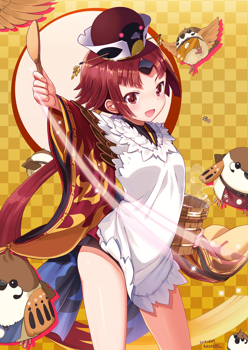1girl :d animal apron bamboo_steamer benienma_(fate) bird black_shorts blush brown_headwear checkered_background commentary_request dated drop_shadow eurasian_tree_sparrow fate/grand_order fate_(series) hat highres holding japanese_clothes kimono kuzumochi_(kuzumochiya) long_hair long_sleeves looking_at_viewer mini_hat outstretched_arm parted_bangs red_eyes red_hair red_kimono rice short_shorts shorts signature smile solo sparrow standing very_long_hair white_apron wide_sleeves
