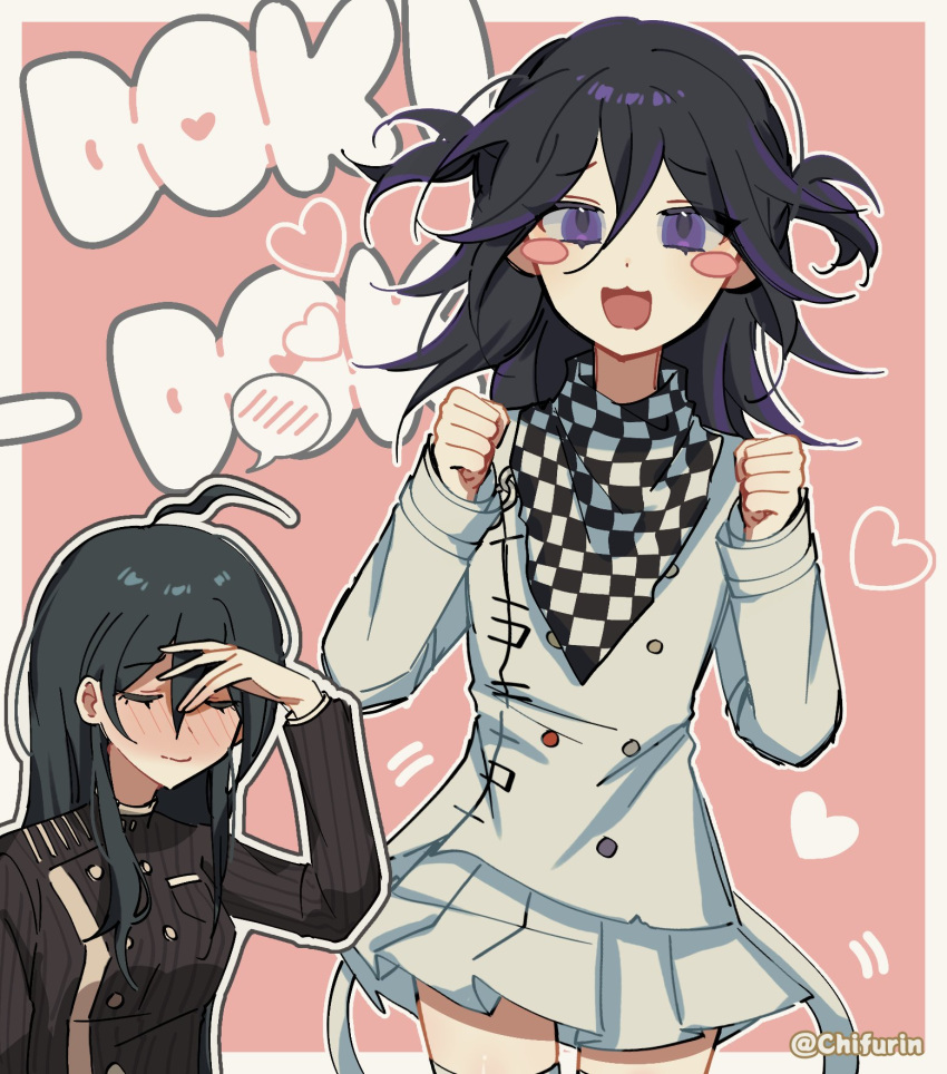 2girls :3 :d ahoge black_hair black_jacket black_scarf blush blush_stickers border buttons checkered_clothes checkered_scarf chifurin closed_eyes cowboy_shot danganronpa_(series) danganronpa_v3:_killing_harmony double-breasted genderswap genderswap_(mtf) grey_jacket grey_skirt hair_between_eyes happy heart highres jacket long_hair long_sleeves miniskirt multicolored_hair multiple_girls oma_kokichi purple_hair saihara_shuichi scarf skirt smile striped striped_jacket two-tone_hair white_border white_scarf zettai_ryouiki