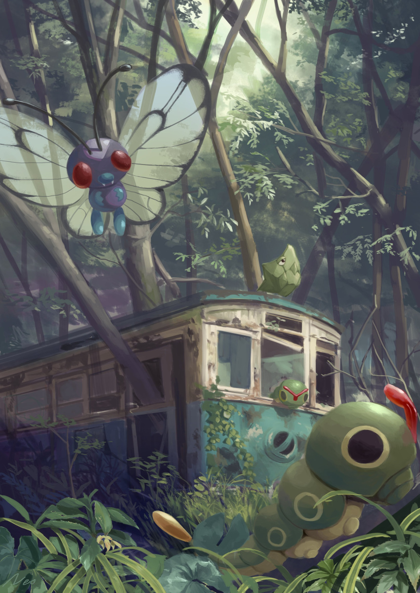 abandoned absurdres antennae black_eyes butterfree caterpie commentary_request day evolutionary_line fangs flying forest grass ground_vehicle highres king_joe_(neoroto) leaf metapod nature no_humans outdoors overgrown plant pokemon pokemon_(creature) red_eyes train tree
