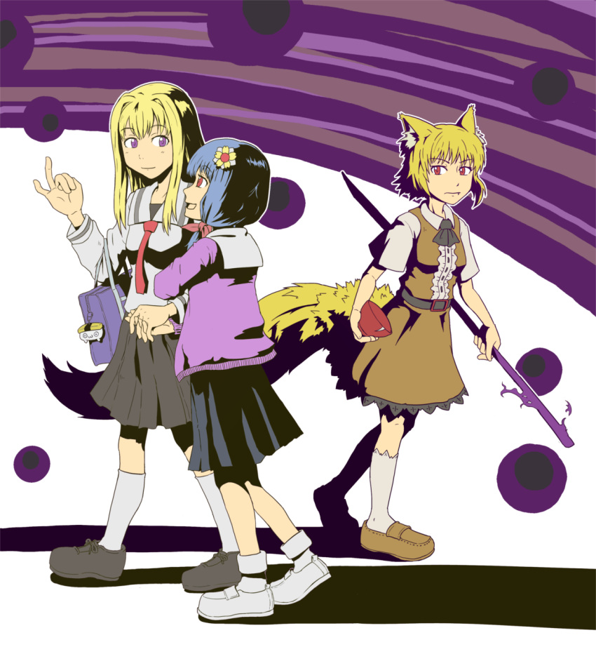 3girls animal_ear_fluff animal_ears ascot bag bag_charm belt black_ascot black_belt black_footwear black_skirt blonde_hair blue_hair bowl breasts brown_dress brown_footwear charm_(object) closed_mouth collared_shirt commentary_request cookie_(touhou) dress dual_persona flower food fox_ears fox_girl fox_tail full_body hair_flower hair_intakes hair_ornament highres holding holding_hands holding_stick loafers long_hair looking_at_another mary_janes miramikaru_miran miramikaru_riran multiple_girls necktie omelet open_mouth pinafore_dress pleated_skirt purple_eyes purple_shirt red_eyes red_necktie rice_bowl school_bag school_uniform serafuku shirt shoes short_hair short_sleeves siblings sidelocks sisters skirt sleeveless sleeveless_dress small_breasts smile socks stick tail tamagoyaki walking white_footwear white_shirt white_socks zurazura