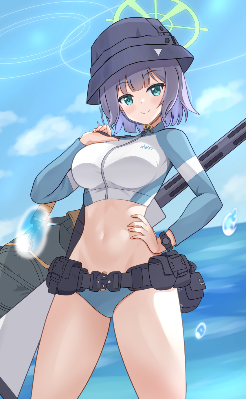 1girl absurdres belt bikini bikini_bottom_only blue_archive blush bodysuit breasts bucket_hat chin_strap cowboy_shot crop_top day diving_suit green_eyes grey_hair groin halo hand_on_own_hip hat highres large_breasts long_sleeves looking_at_viewer navel ocean outdoors raimu_(clanberry000) saki_(blue_archive) short_hair sky smile solo swimsuit utility_belt watch water wetsuit wristwatch