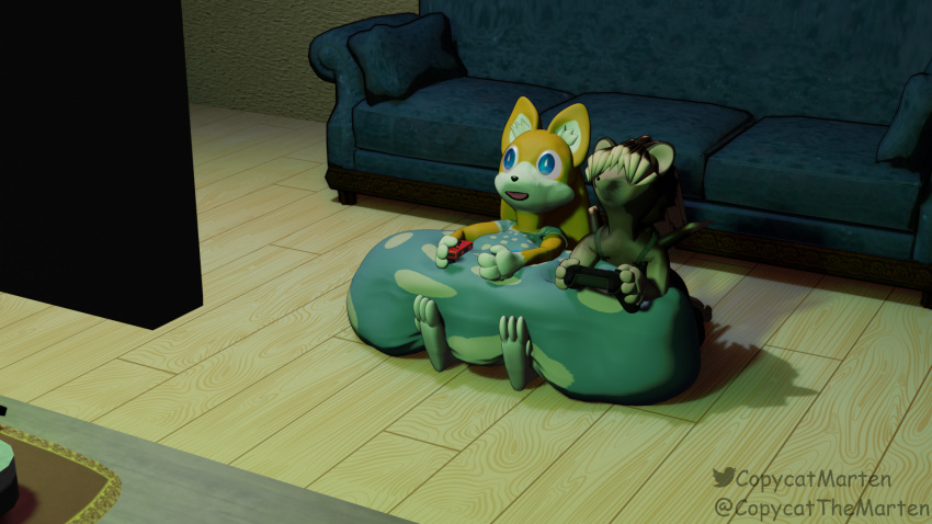 3d_(artwork) anthro big_breasts big_ears blender_(software) breast_on_leg breasts canid canine child clothed clothing controller copycatthemarten digital_media_(artwork) duo enrico_(copycatthemarten) eulipotyphlan female fiammina_(copycatthemarten) fox furniture game_controller gaming hedgehog hi_res huge_breasts hyper hyper_breasts male mammal playing_videogame young