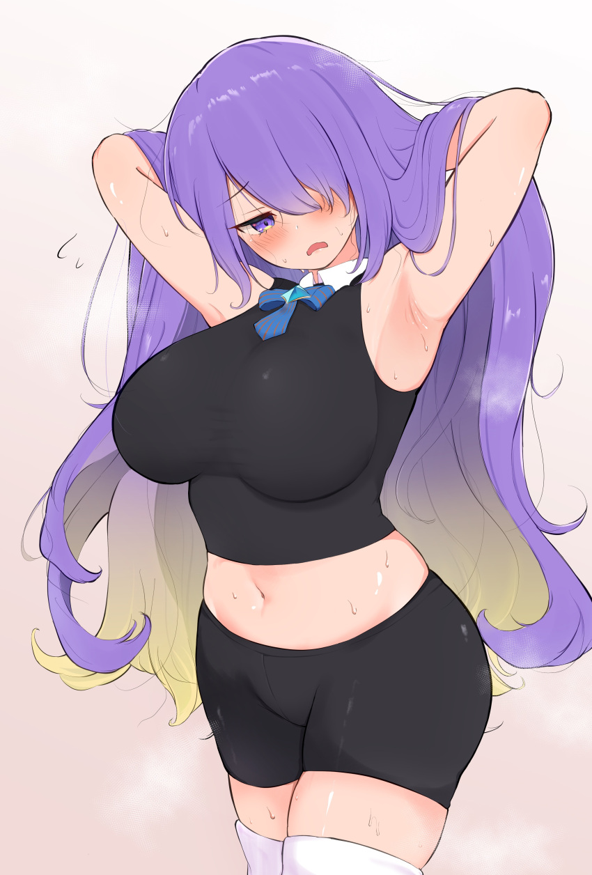 1girl absurdres armpits black_shorts blush breasts commentary_request crop_top hair_over_one_eye hands_in_hair highres hololive hololive_indonesia large_breasts long_hair midriff moona_hoshinova moona_hoshinova_(1st_costume) navel no_jacket purple_eyes purple_hair shorts sleeveless solo suica_koubou sweat thighhighs virtual_youtuber white_thighhighs