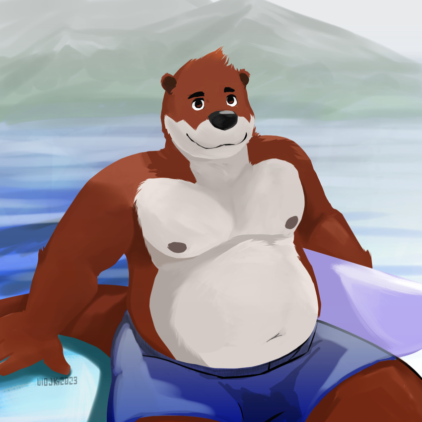 2023 anthro belly black_nose bottomwear clothing detailed_background hi_res humanoid_hands male mammal moobs mountain mustelid nipples otter outside overweight overweight_male shorts sitting solo uiojk water