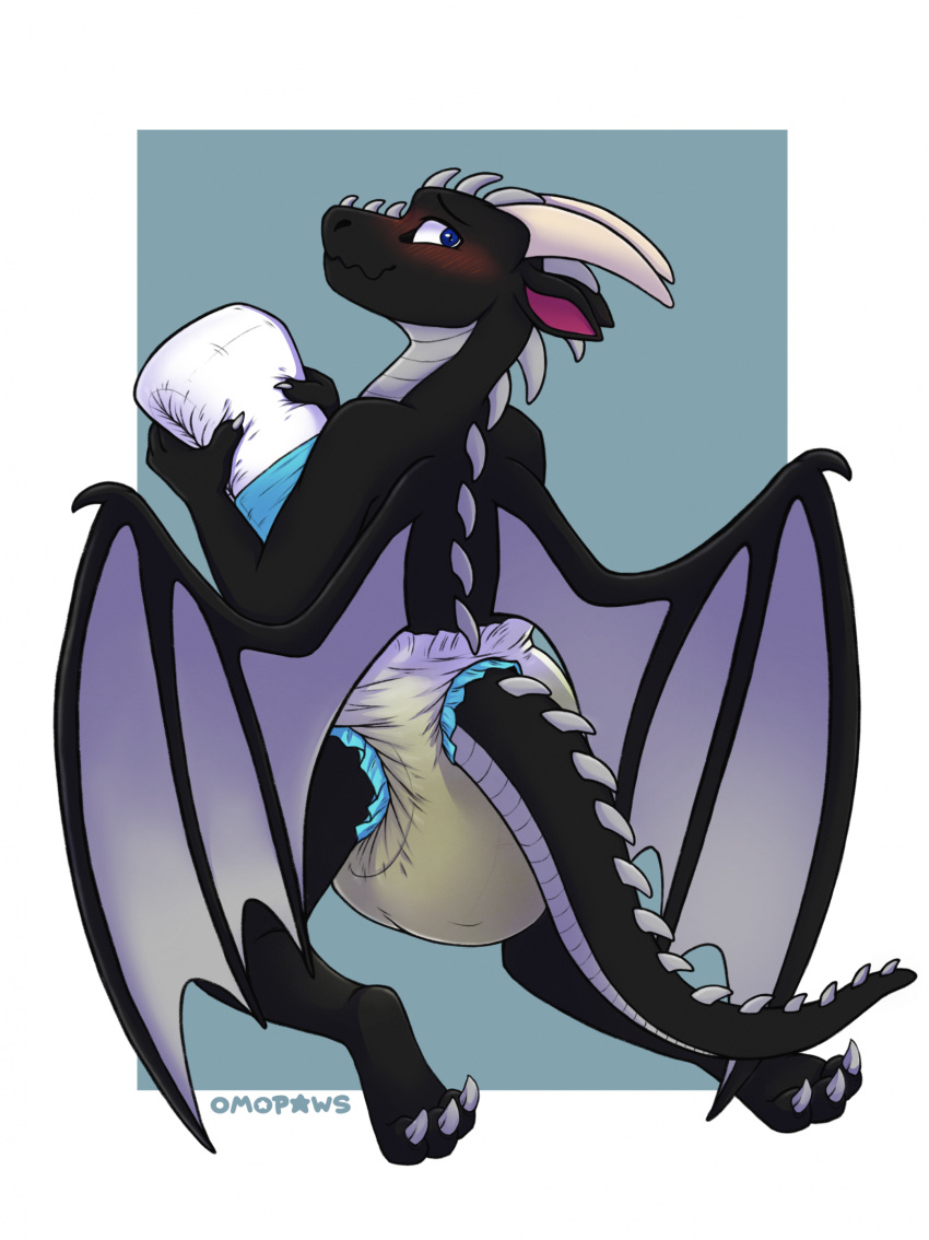 anthro blush bodily_fluids claws diaper dragon genital_fluids hi_res looking_at_viewer male omopaws soggy_diaper solo solo_focus urine wet_diaper wetting wings