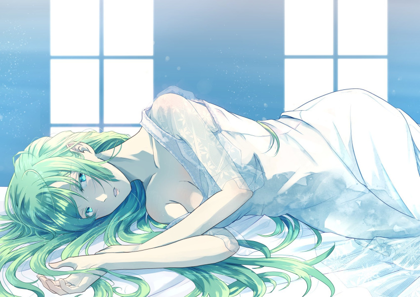1girl alice_carroll alternate_costume aqua_eyes aria armpit_crease bed_sheet breasts cleavage dress feet_out_of_frame green_hair hair_between_eyes hands_up highres indoors long_hair looking_at_viewer lying medium_breasts nabana_yuna off_shoulder on_bed on_side open_mouth see-through see-through_sleeves sidelocks single_bare_shoulder solo swept_bangs very_long_hair white_dress