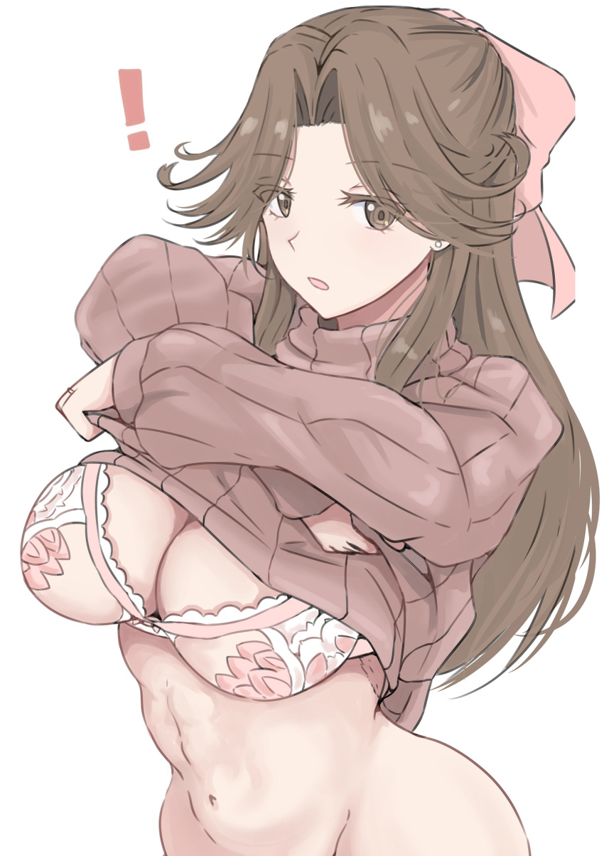 ! 1girl absurdres bare_hips blush bow bra breasts brown_eyes brown_hair brown_sweater cleavage clothes_lift cowboy_shot earrings groin hair_bow hair_ribbon highres jewelry jintsuu_(kancolle) kantai_collection ken_(shutenndouji1) lace-trimmed_bra lace_trim large_breasts lifted_by_self long_hair long_sleeves looking_at_another looking_at_viewer navel open_mouth pink_bra ribbed_sweater ribbon shirt_lift simple_background solo sweater sweater_lift turtleneck turtleneck_sweater underwear undressing upper_body white_background