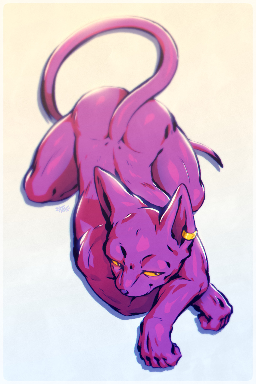 anthro beerus bitfly butt crossed_arms domestic_cat dragon_ball dragon_ball_super ear_piercing ear_ring felid feline felis hi_res lying male mammal nude piercing purple_body purple_skin rim_light ring_piercing signature simple_background skinny smile smirk solo yellow_sclera