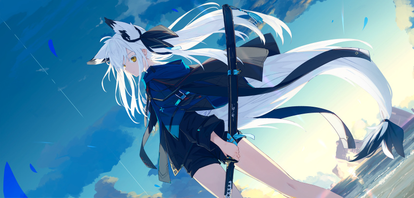 1girl ahoge animal_ear_fluff animal_ears bare_legs blue_sky cloud commentary_request crossed_bangs dutch_angle ear_ornament ear_ribbon extra_ears feet_out_of_frame fox_ears fox_girl fox_tail hair_between_eyes highres holding holding_sword holding_weapon hood hooded_jacket horizon jacket katana long_hair long_sleeves long_tail looking_at_viewer nagishiro_mito nape ocean open_clothes open_jacket original puffy_long_sleeves puffy_sleeves ribbon seascape sheath sheathed shorts sidelocks sky solo sword tail tail_ornament tail_ribbon weapon white_hair