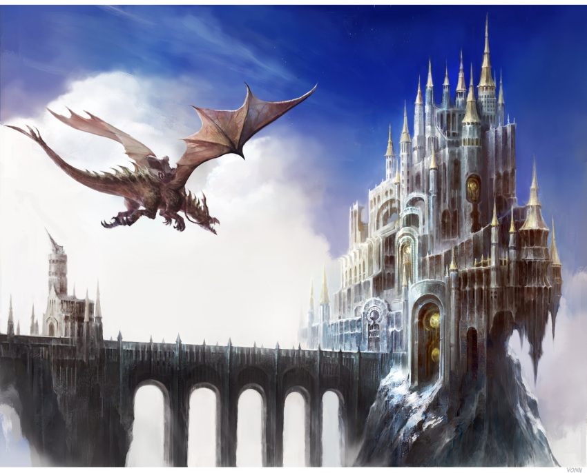 1other ambiguous_gender arch arch_bridge architecture arizdigitalart blue_sky bridge city cityscape cloud commentary day dragon dragon_riding english_commentary fantasy final_fantasy final_fantasy_xiv flying from_side gate highres in-universe_location letterboxed outdoors pillar reins scenery sky solo spire tower very_wide_shot