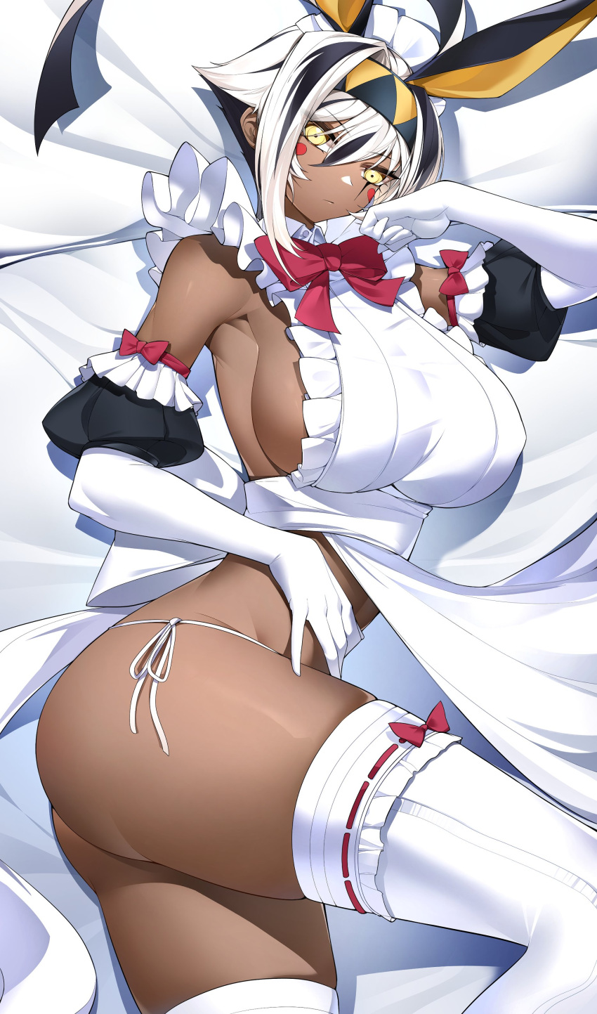 1girl absurdres animal_ears apron ass black_hair breasts casul dark-skinned_female dark_skin dress elbow_gloves fate/grand_order fate_(series) frilled_dress frills gloves highres jackal_ears large_breasts looking_at_viewer maid maid_apron maid_headdress multicolored_hair nitocris_(fate) nitocris_alter_(fate) short_hair sideboob solo thighhighs thighs white_hair yellow_eyes