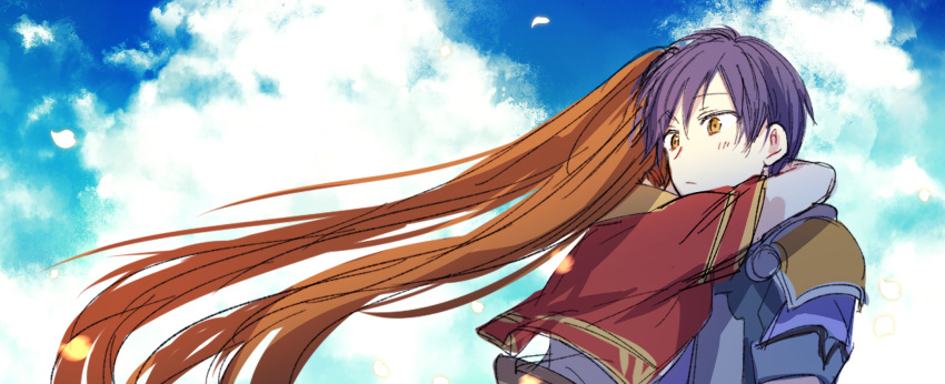 1boy 1girl armor blue_hair blue_shirt blue_sky blush brown_hair cloud dark_blue_hair eiyuu_densetsu estelle_bright highres hug jacket joshua_bright long_hair red_jacket shirt short_hair shoulder_armor sky soap_(user_kghh4755) sora_no_kiseki twintails upper_body very_long_hair yellow_eyes