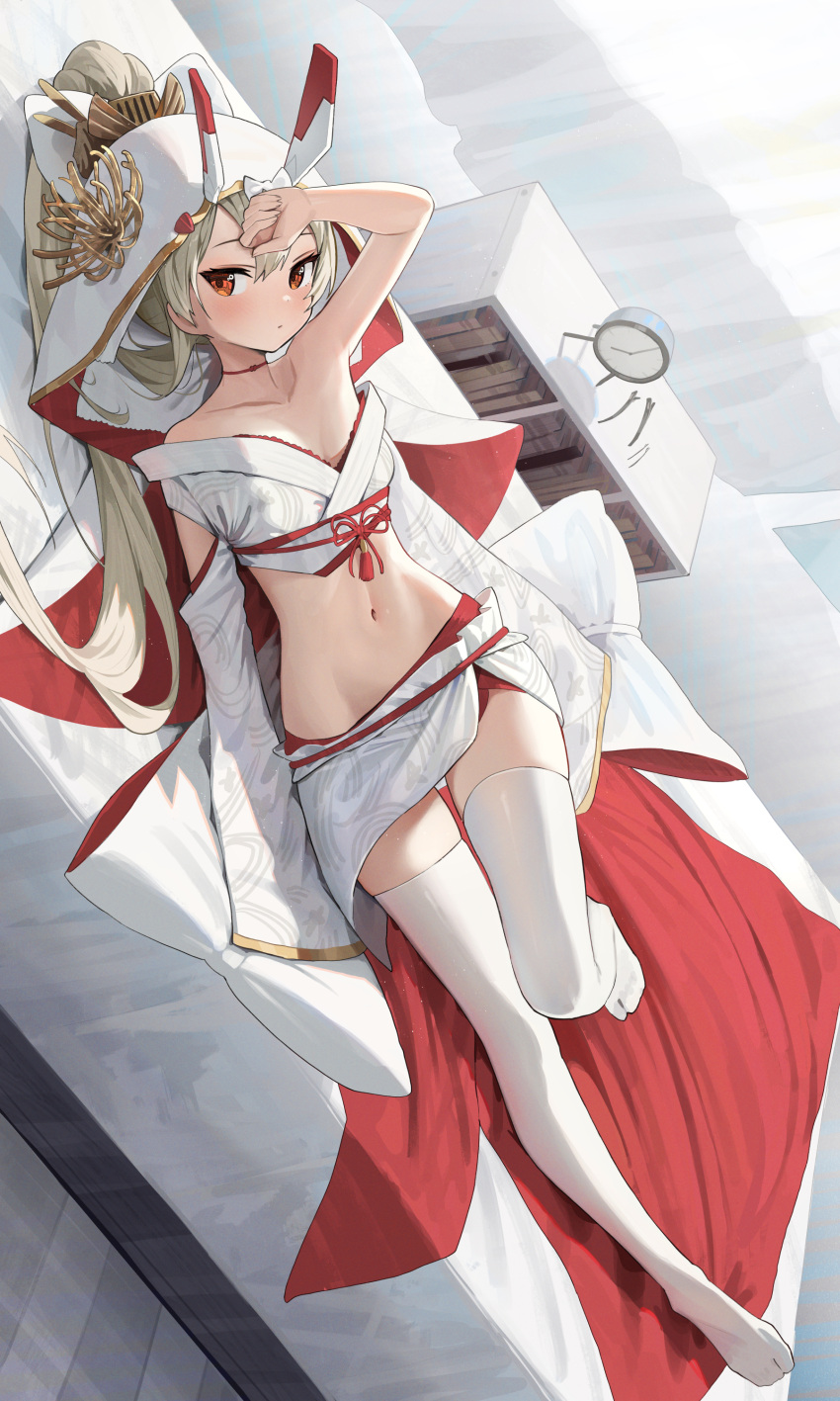 1girl absurdres ayanami_(azur_lane) ayanami_(demon's_finest_dress)_(azur_lane) azur_lane bed blonde_hair blush dress hidulume highres japanese_clothes kimono looking_at_viewer lying midriff navel official_alternate_costume on_back on_bed orange_eyes ponytail solo tagme thighhighs uchikake wedding_dress white_thighhighs