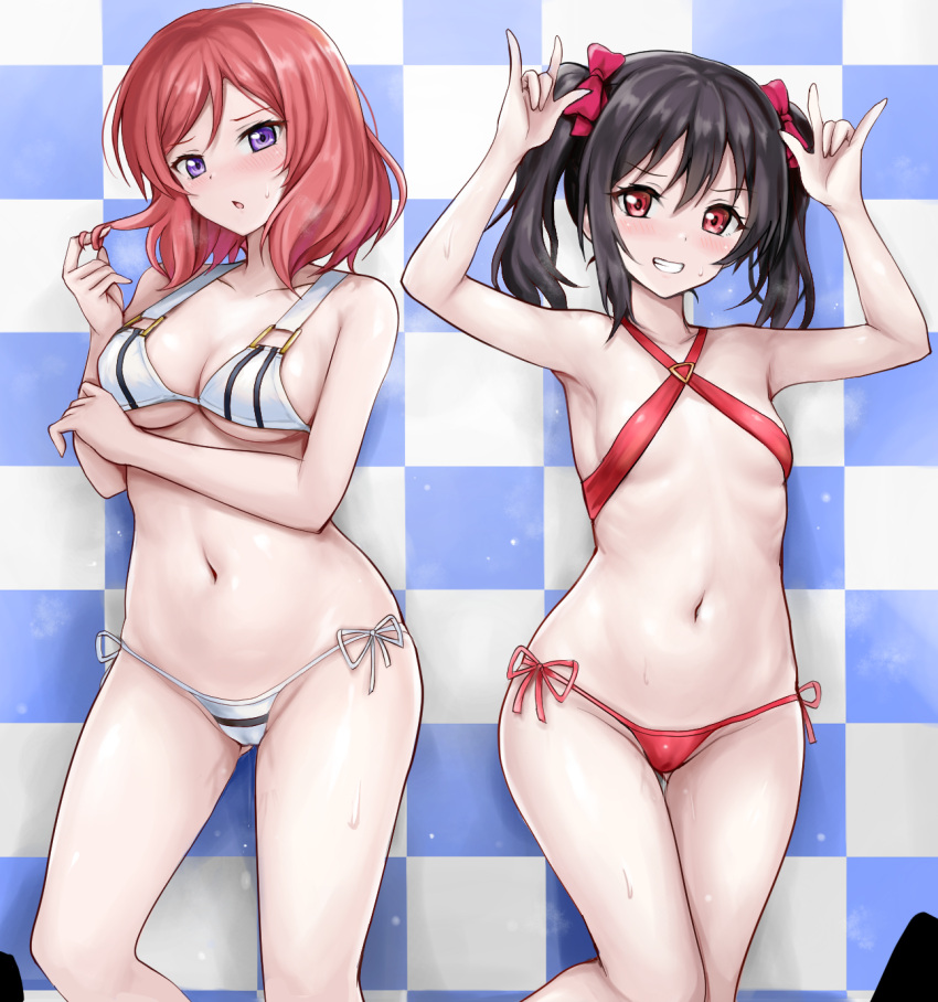 2girls arm_under_breasts ass_visible_through_thighs bare_arms bare_shoulders bikini black_hair blue_background blush bow breasts breath cameltoe checkered_background cleavage collarbone cutie_panther double_w flat_chest grin hair_bow hair_twirling hand_up highres looking_at_viewer love_live! love_live!_school_idol_project medium_breasts medium_hair micro_bikini multiple_girls navel nishikino_maki parted_lips playing_with_own_hair pretzel_bikini purple_eyes r-binon red_bikini red_bow red_eyes red_hair revision side-tie_bikini_bottom sidelocks smile standing stomach string_bikini striped striped_bikini sweat sweatdrop swimsuit thighs tile_wall tiles twintails w wet white_bikini yazawa_nico