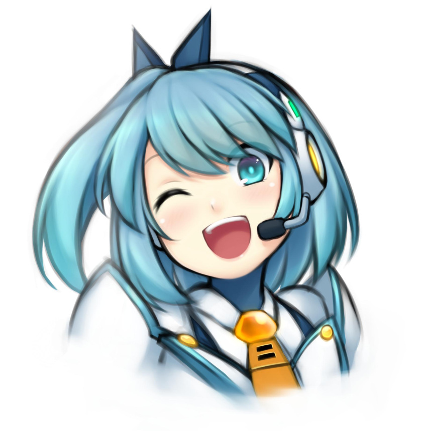 1girl ;d android aqua_eyes aqua_hair headset highres looking_at_viewer mega_man_(series) mega_man_x_(series) mega_man_x_dive one_eye_closed open_mouth pinguinkotak rico_(mega_man) short_hair side_ponytail smile solo teeth upper_body upper_teeth_only white_background