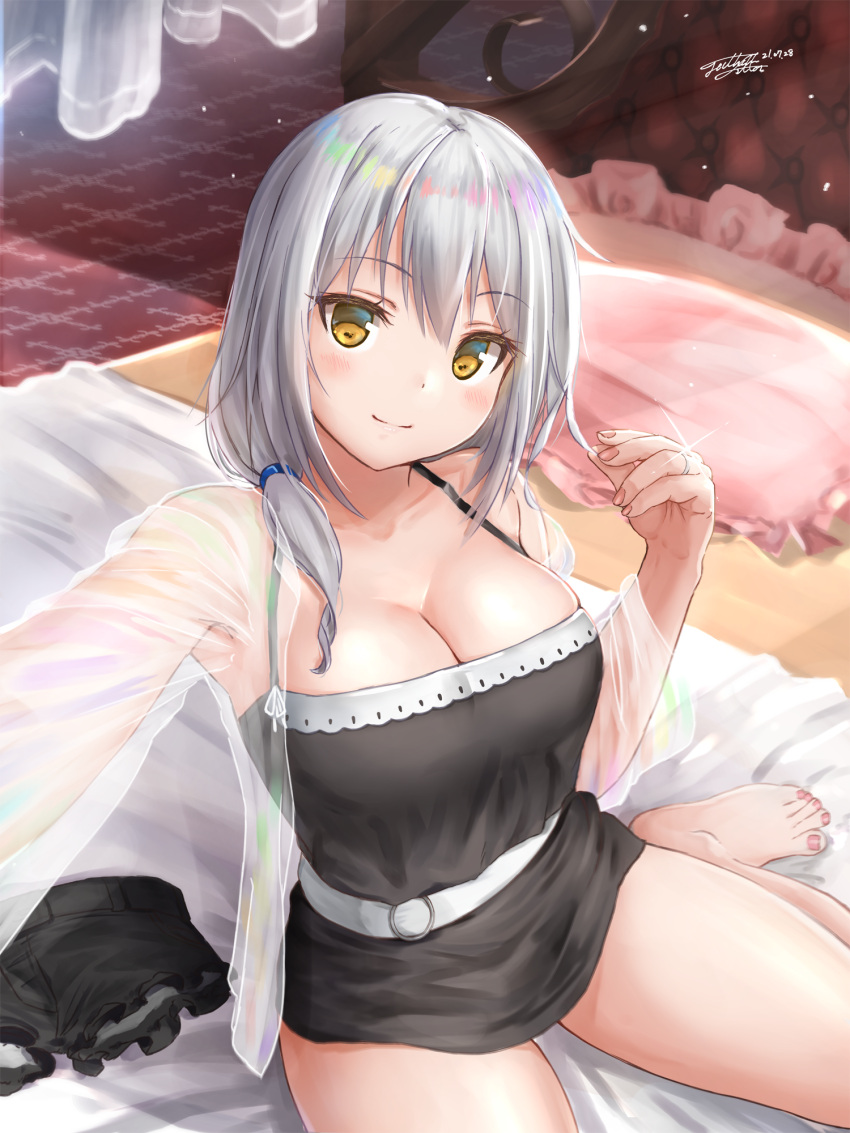 1girl arm_up bare_legs bed belt black_camisole bottomless breasts camisole cleavage closed_mouth frilled_pillow frilled_shorts frills from_above grey_hair hair_between_eyes hair_over_shoulder hand_up head_tilt highres indoors jacket jewelry large_breasts legs_apart looking_at_viewer nail_polish on_bed open_clothes open_jacket original outstretched_arm pillow pink_nails ring see-through see-through_jacket shorts signature sitting smile solo spaghetti_strap straight_hair toenail_polish toenails unworn_shorts wariza white_belt white_hair yellow_eyes yukinoshiro