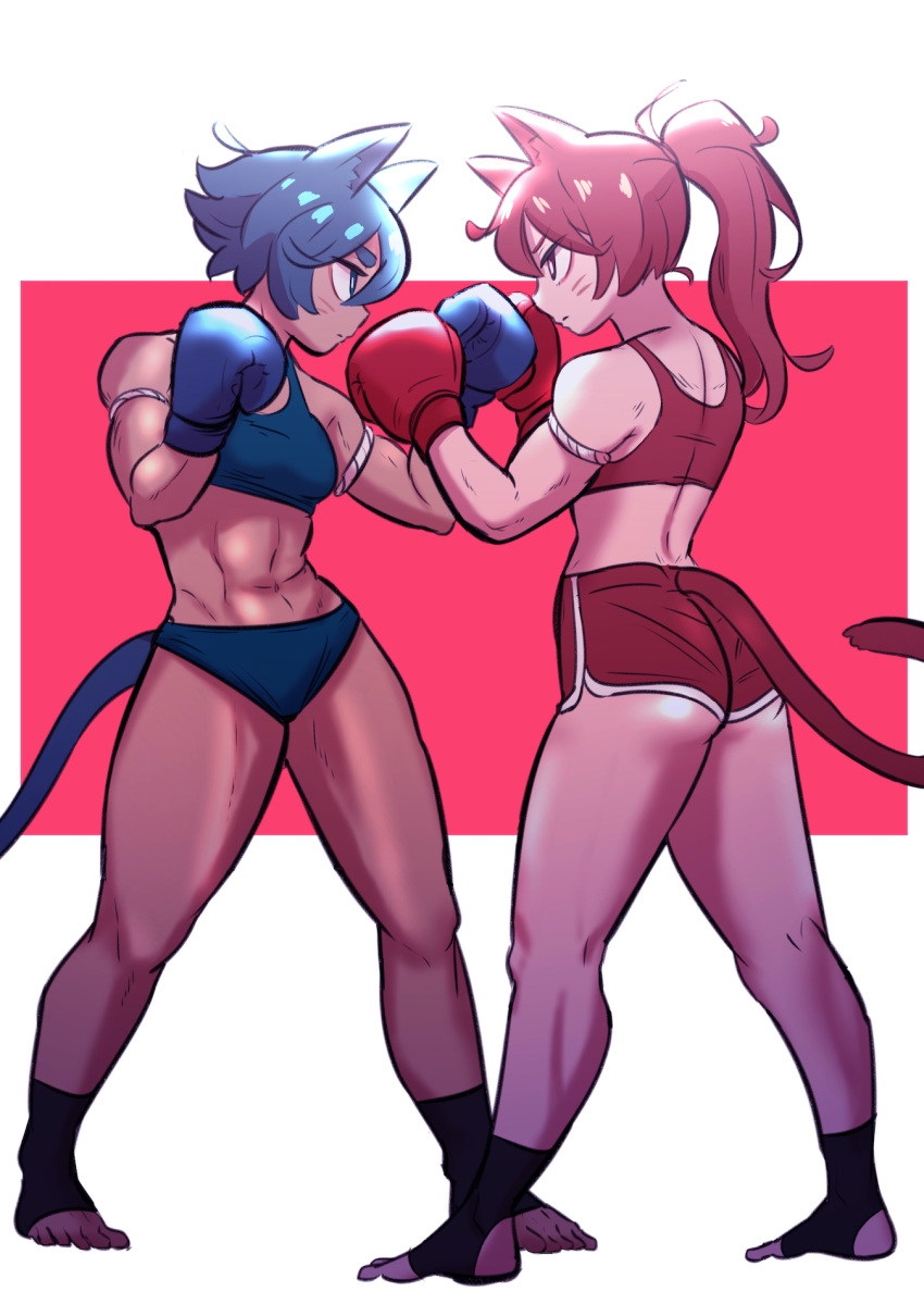 2girls amazu_(kurozu) aoi_(amazu) bare_shoulders blue_gloves blue_hair blue_shirt boxing_gloves dark-skinned_female dark_skin gloves highres kickboxing mari_(amazu) multiple_girls original red_gloves red_hair red_shirt shirt toeless_legwear