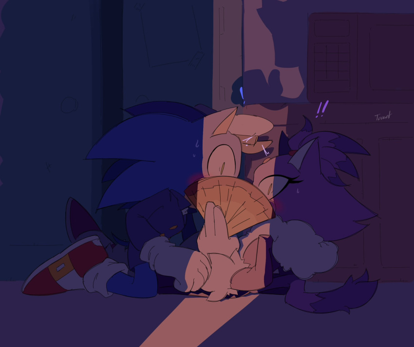 2023 2toastyyy accidental_exposure anthro blaze_the_cat blue_body blush bodily_fluids clothed clothing domestic_cat duo eulipotyphlan felid feline felis female footwear gloves hand_fan handwear hedgehog hi_res kissing love male male/female mammal purple_body sega shadow shoes sonic_the_hedgehog sonic_the_hedgehog_(series) surprised_expression sweat sweatdrop tail the_murder_of_sonic_the_hedgehog