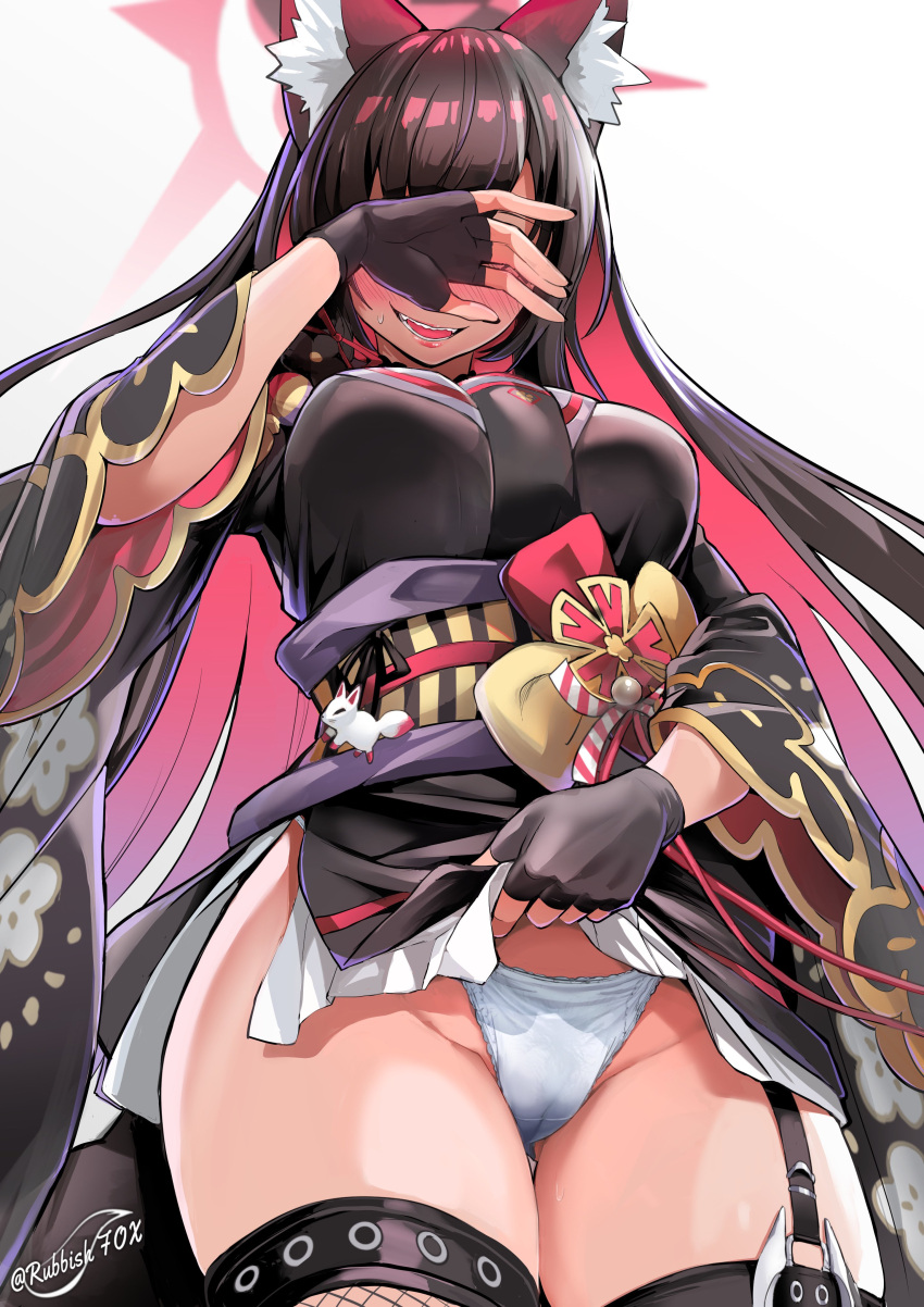 1girl absurdres animal_ear_fluff animal_ears ass_visible_through_thighs black_hair black_kimono blue_archive blush bow breasts cameltoe clothes_lift colored_inner_hair covering_face cowboy_shot flashing fox_ears fox_tail gloves hair_ornament highres holding japanese_clothes kimono large_breasts lifted_by_self long_hair long_sleeves looking_at_viewer multicolored_hair obi panties red_hair sash simple_background skirt smile solo standing tail thighhighs thighs underwear very_long_hair wakamo_(blue_archive) white_panties wide_sleeves wisespeak