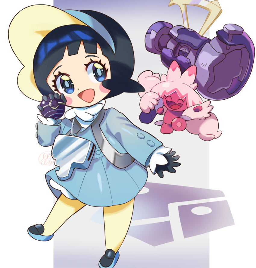 1girl :d arched_bangs black_gloves black_hair blue_eyes blush_stickers bright_pupils commentary_request dress eyelashes gloves hand_up happy highres holding holding_tera_orb jacket open_clothes open_jacket open_mouth orange_(orangelv20) pantyhose pokemon pokemon_(creature) pokemon_(game) pokemon_sv poppy_(pokemon) shoes short_hair smile tera_orb tinkaton tongue yellow_pantyhose