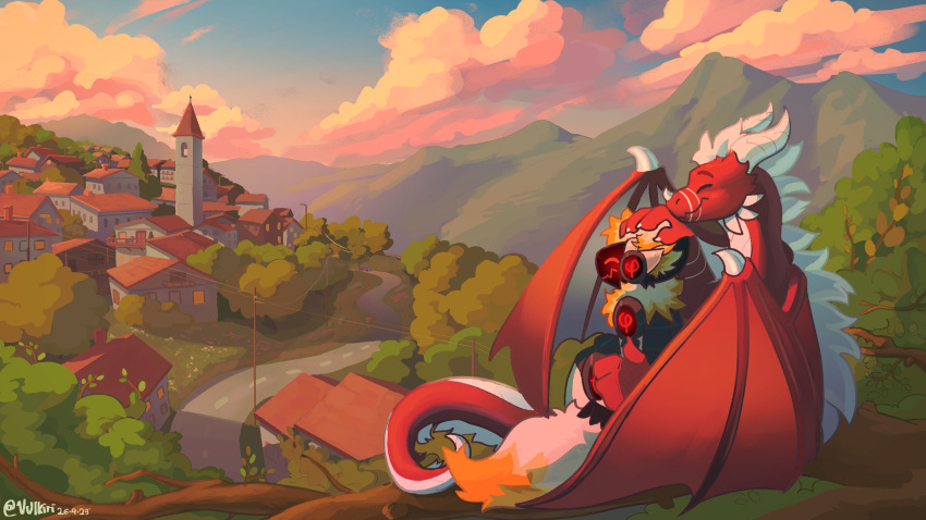 anthro branch building cloud dragon duo fur hi_res horn intensa leaf machine male male/male mountain narrowed_eyes petting petting_head phi_the_protogen plant power_lines protogen red_body red_fur road sitting smile squint sunset tail tree vulkiri white_body white_fur wings yellow_body yellow_fur