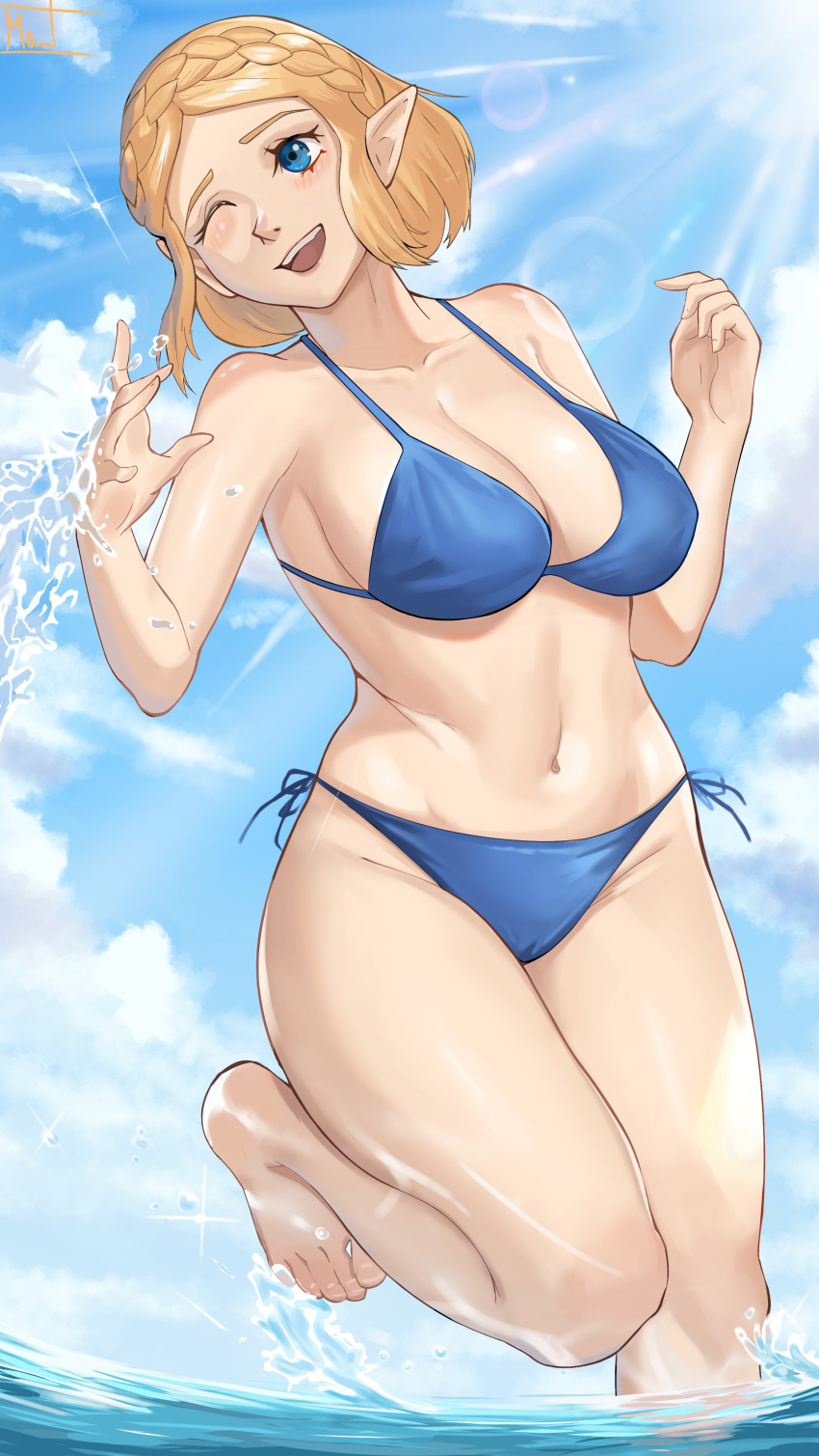 1girl absurdres bare_shoulders barefoot bikini blonde_hair blue_bikini blue_eyes braid breasts cameltoe cleavage collarbone crown_braid day feet highres knees large_breasts magdalenus27 navel nipples ocean one_eye_closed open_mouth partially_submerged pointy_ears princess_zelda short_hair side-tie_bikini_bottom signature sky solo splashing standing standing_on_one_leg swimsuit teeth the_legend_of_zelda thighs upper_teeth_only