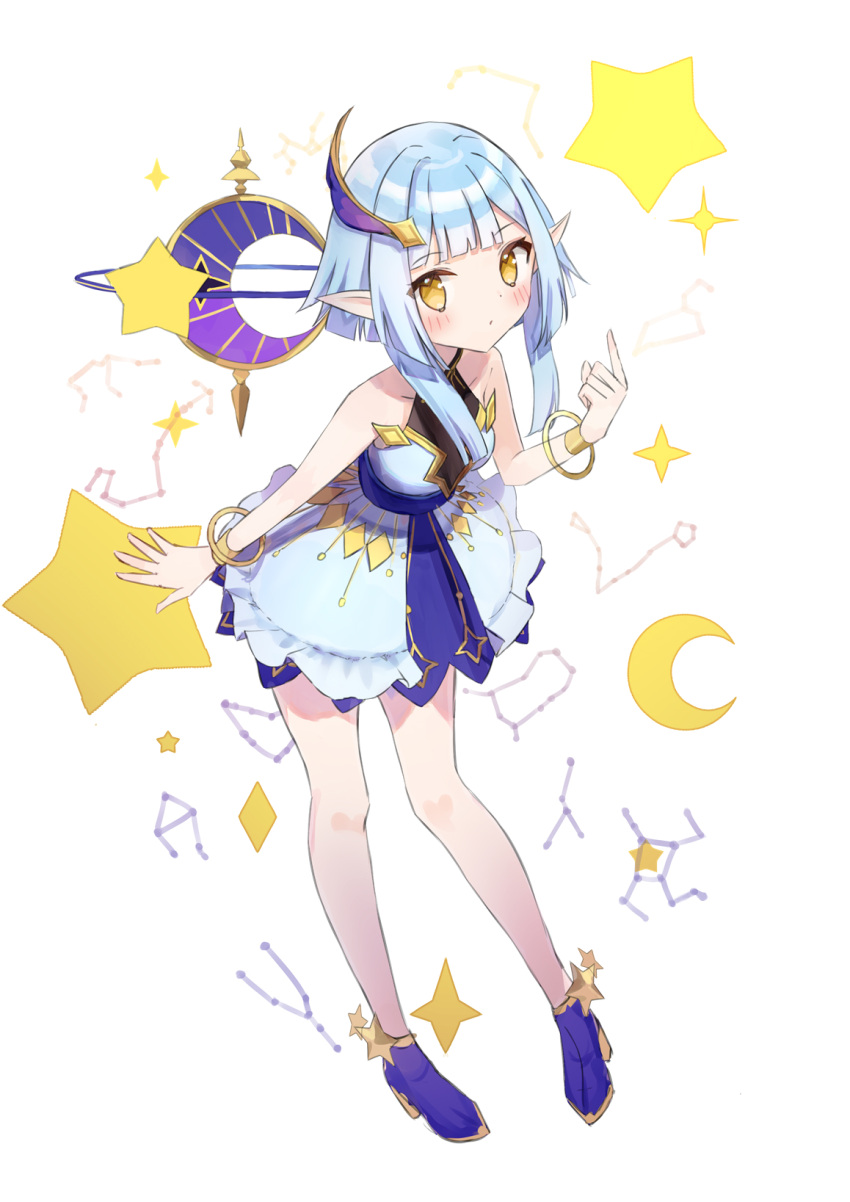 bare_legs blue_dress blue_footwear blue_hair blush cloak_removed constellation crescent dress english_commentary eversoul frilled_skirt frills hair_ornament highres looking_at_viewer pointing pointing_up pointy_ears short_hair skirt sleeveless star_(symbol) tagme talia_(eversoul) white_background yaminava yellow_eyes