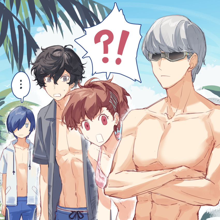 !? ... 1girl absurdres amamiya_ren bikini black_hair blue_hair brown_hair closed_mouth crossed_arms day grey_hair highres male_swimwear multiple_boys narukami_yuu open_mouth outdoors persona persona_3 persona_3_portable persona_4 persona_5 shiomi_kotone short_sleeves sparkle spoken_ellipsis sunglasses sweat swim_trunks swimsuit topless_male tsubsa_syaoin yuuki_makoto