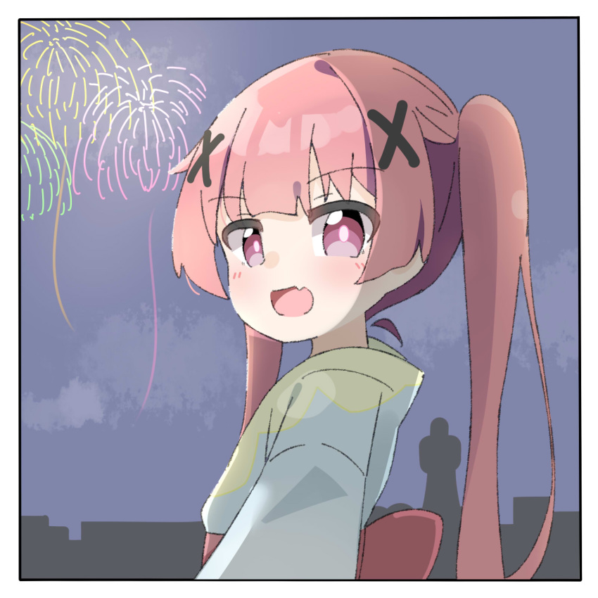 1girl :d aerial_fireworks blue_kimono blush cloud commentary_request fang fireworks from_side hair_ornament highres japanese_clothes kapuru_0410 kimono long_hair looking_at_viewer looking_to_the_side night night_sky obi red_hair sash sidelocks sky smile solo tanemura_koyori twintails upper_body very_long_hair watashi_ni_tenshi_ga_maiorita! x_hair_ornament