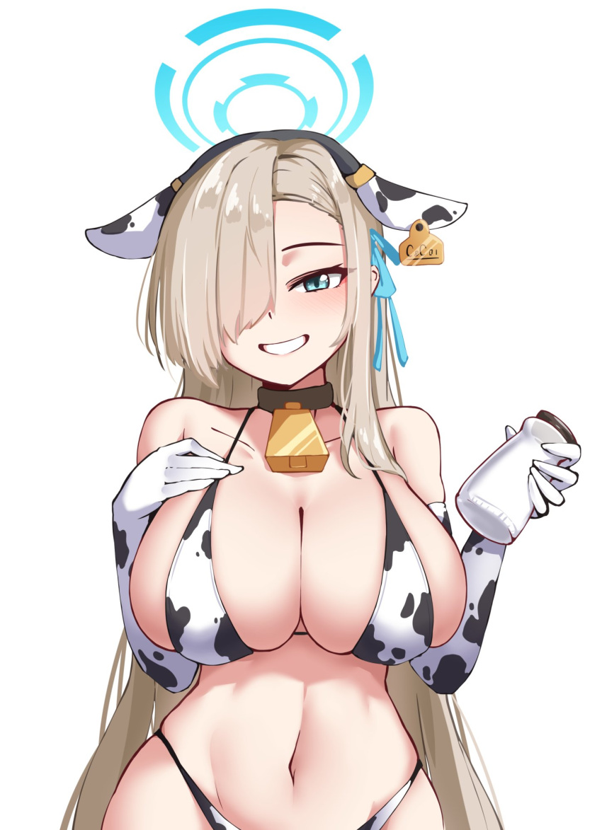 1girl animal_ears animal_print asuna_(blue_archive) bell bikini blue_archive blue_eyes blue_halo breaaad breasts commentary cow_ears cow_print hair_over_one_eye halo highres holding huge_breasts korean_commentary light_brown_hair long_hair navel neck_bell simple_background solo swimsuit upper_body very_long_hair white_background