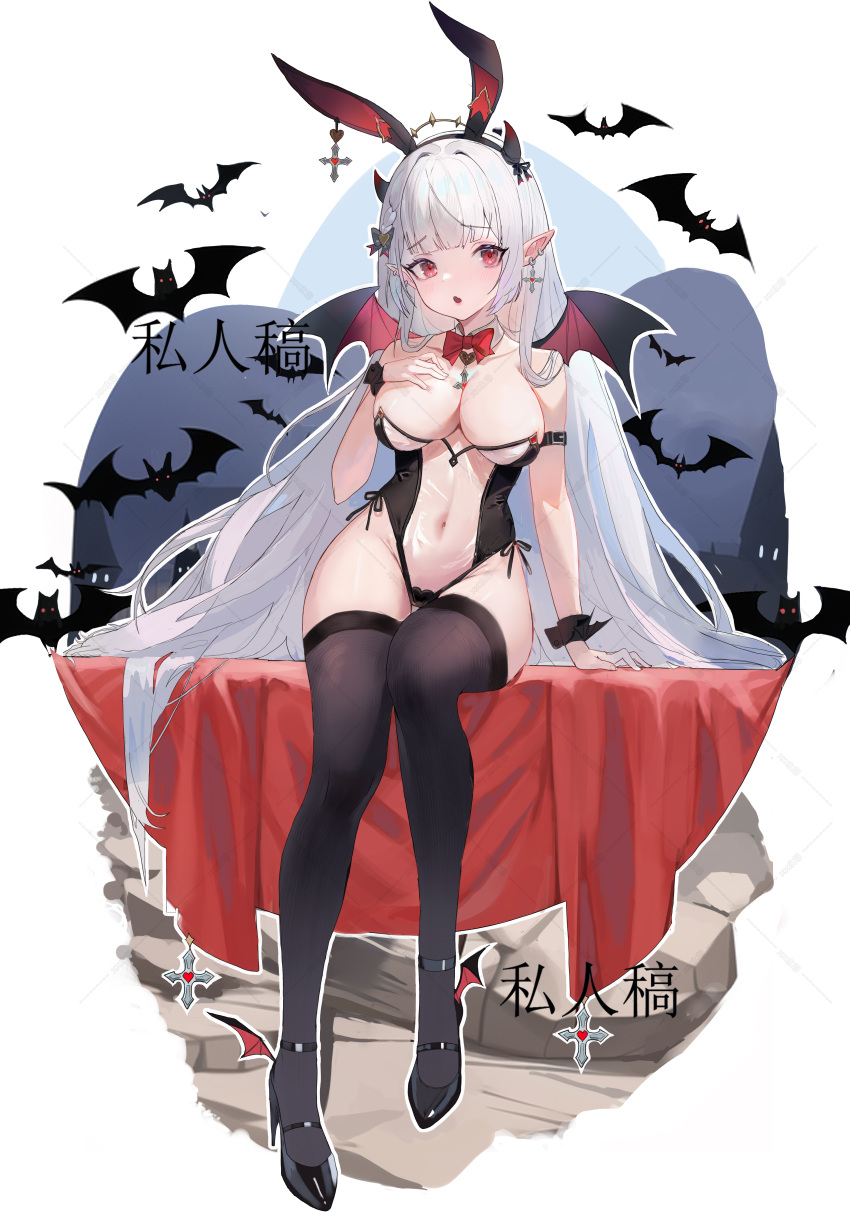 1girl absurdres animal_ears bat_(animal) bat_wings black_footwear black_horns black_thighhighs blunt_bangs bow bowtie breasts cleavage commentary covered_navel cross cross_earrings detached_collar drop_earrings duzizai ear_piercing earrings facing_viewer fake_animal_ears hand_on_own_chest high_heels highres horns jewelry large_breasts leg_wings long_hair looking_ahead nontraditional_playboy_bunny open_mouth original piercing pointy_ears rabbit_ears red_bow red_bowtie red_eyes revealing_clothes see-through sitting solo thighhighs traditional_bowtie very_long_hair white_hair wings wrist_cuffs