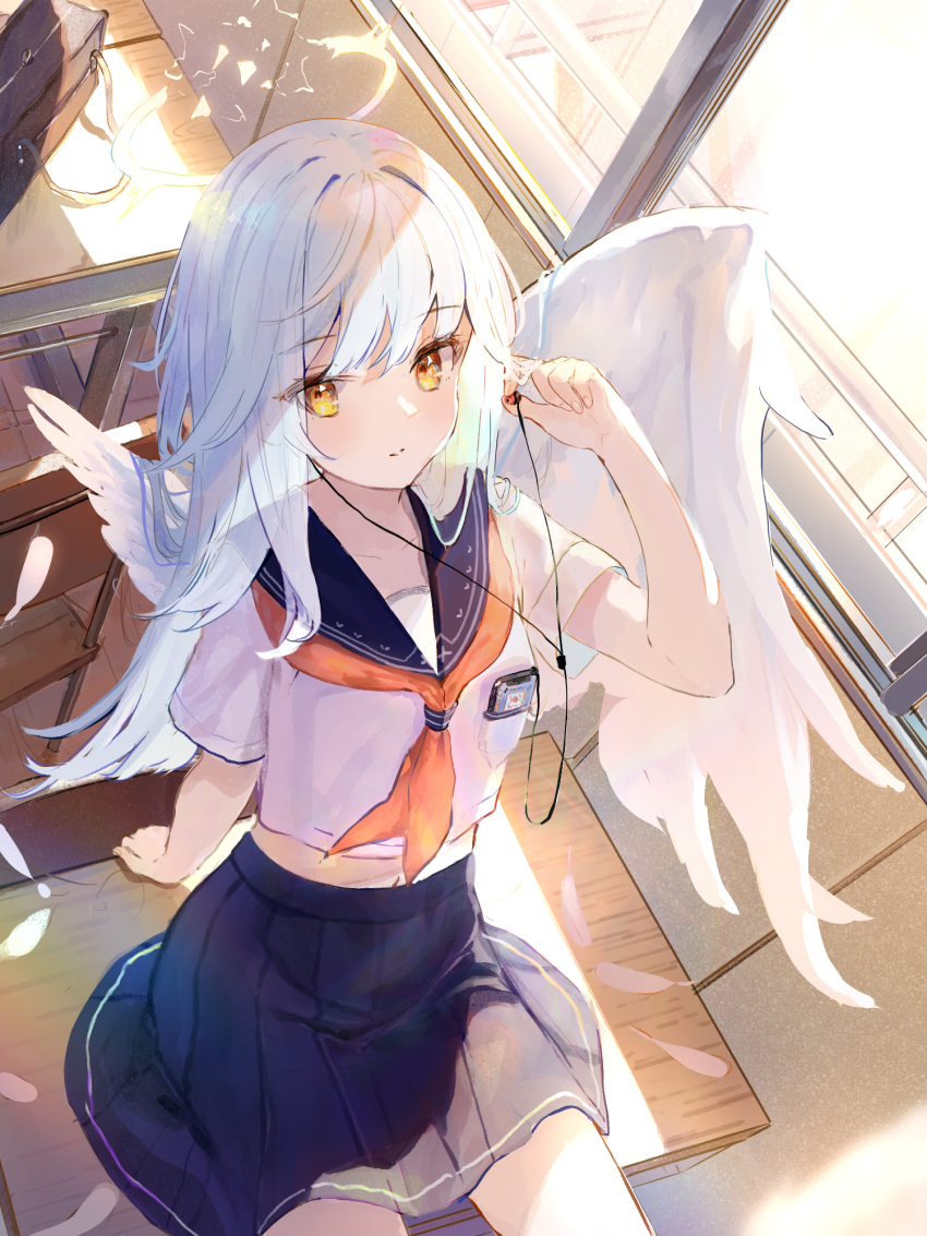 1girl angel_wings arm_support bag blue_sailor_collar classroom collarbone collared_shirt desk earphones feathers from_above grey_skirt hair_intakes highres indoors leaning_back long_hair midriff miniskirt navel neckerchief on_desk orange_neckerchief original parted_lips pleated_skirt rei_(farta_litia) sailor_collar sailor_shirt school_bag school_uniform serafuku shirt short_sleeves sitting sitting_on_desk skirt solo stomach straight_hair white_feathers white_hair white_shirt white_wings wings yellow_eyes