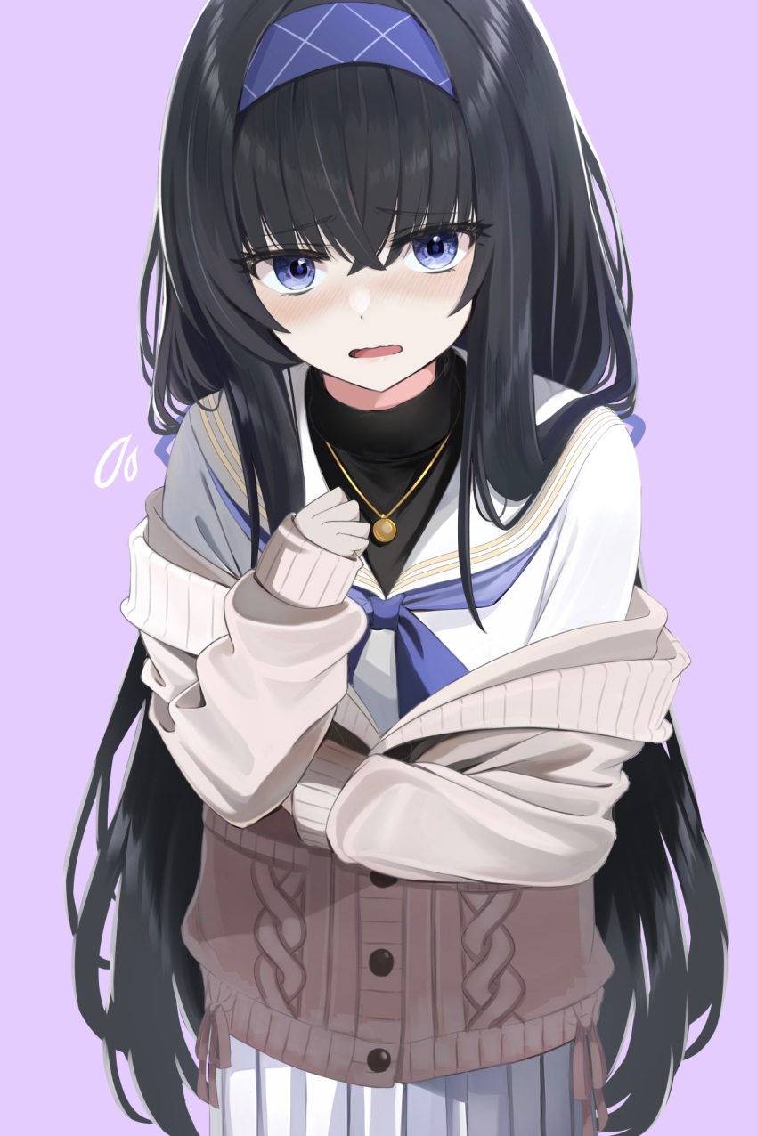 1girl black_hair black_shirt blue_archive blue_neckerchief blush cardigan flying_sweatdrops highres long_hair long_sleeves looking_at_viewer neckerchief pleated_skirt purple_background purple_eyes ryouta_(ryouta335) school_uniform serafuku shirt simple_background skirt solo straight_hair ui_(blue_archive) very_long_hair white_serafuku