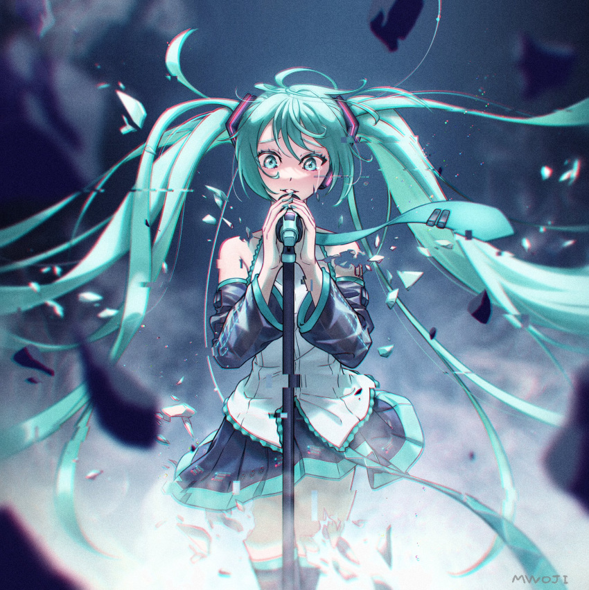 1girl aqua_eyes aqua_hair aqua_necktie artist_name bare_shoulders black_skirt black_thighhighs cowboy_shot crying detached_sleeves floating_clothes floating_hair glitch hands_up hatsune_miku headphones highres korean_commentary light_particles long_hair looking_at_viewer microphone microphone_stand miniskirt mixed-language_commentary motion_blur mwoji necktie own_hands_together pleated_skirt shards shirt skirt solo tears_from_one_eye thighhighs twintails untucked_shirt very_long_hair vocaloid white_shirt