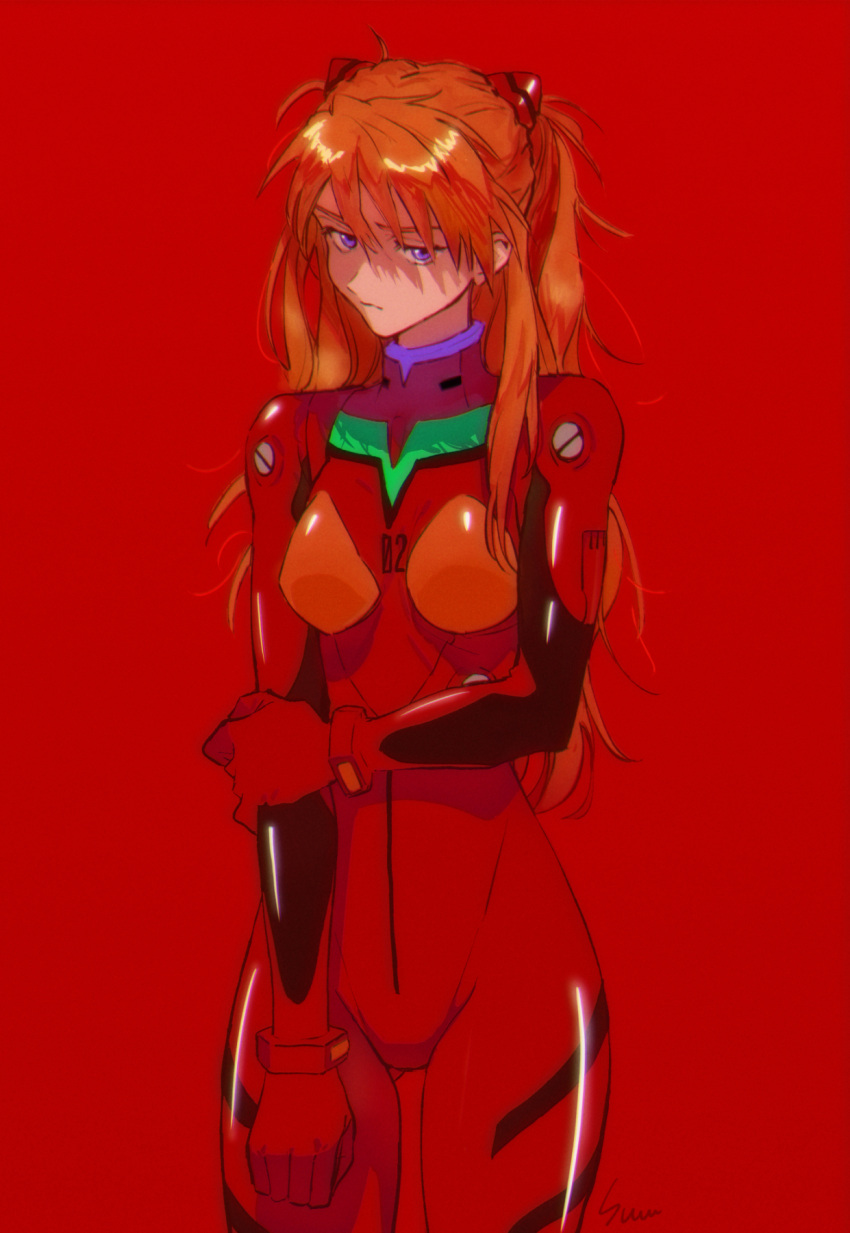 1girl averting_eyes bodysuit breasts clip_studio_paint_(medium) closed_mouth commentary cowboy_shot frown highres interface_headset long_hair neon_genesis_evangelion orange_hair plugsuit purple_eyes red_background red_bodysuit red_theme signature simple_background solo souryuu_asuka_langley standing sumustard turtleneck