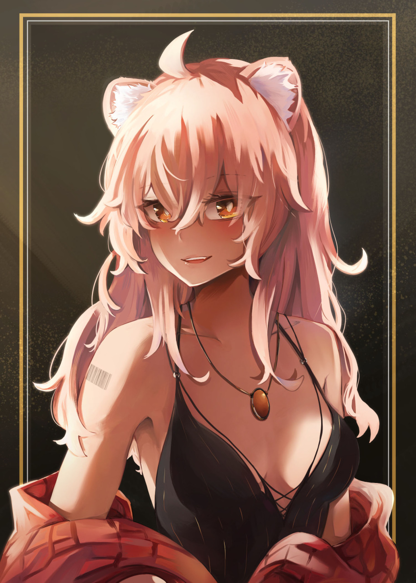 1girl animal_ear_fluff animal_ears arknights barcode barcode_tattoo bare_shoulders blush breasts collarbone english_commentary gravel_(arknights) hair_between_eyes highres jacket jewelry locket long_hair looking_at_viewer open_clothes parted_lips pendant pink_hair prairie_dog_ears prairie_dog_girl shoulder_tattoo smile solo tattoo teeth tienn upper_teeth_only yellow_eyes