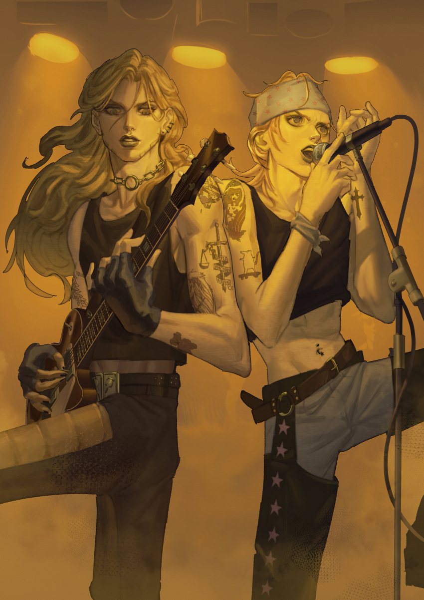 2boys absurdres arm_tattoo bandana chaps contemporary crop_top fingerless_gloves gloves guitar gyro_zeppeli highres holding holding_microphone instrument johnny_joestar jojo_no_kimyou_na_bouken long_hair male_focus microphone microphone_stand midriff multiple_boys music muted_color natatazzz playing_instrument sleeves_past_wrists star_(symbol) steel_ball_run tank_top tattoo toned toned_male