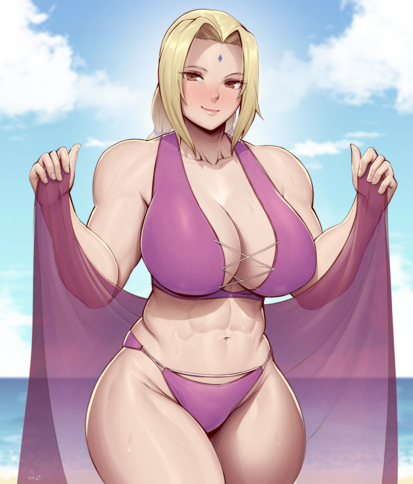 1girl abs absurdres bikini blonde_hair blue_sky breasts closed_mouth cloud day facial_mark forehead_mark highres huge_breasts looking_at_viewer muscular muscular_female naruto naruto_(series) orange_eyes outdoors purple_bikini sky smile solo speedl00ver swimsuit tsunade_(naruto)