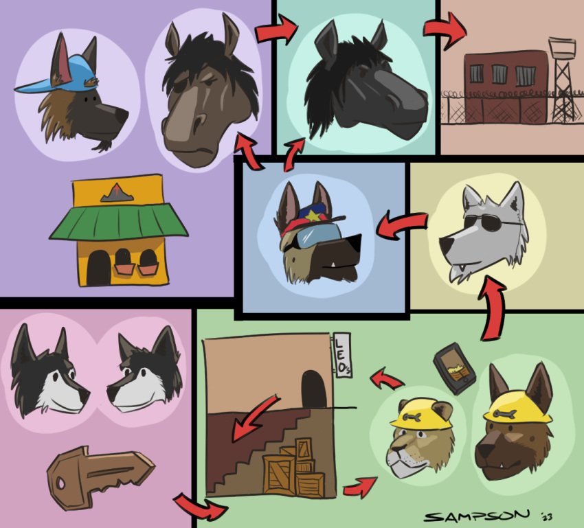 2023 amin_(sampsonwoof) anthro armor backwards_baseball_cap backwards_hat baseball_cap black_body black_fur black_hair black_nose brown_body brown_fur canid canine canis cellphone clothing crate diagram domestic_dog emma_vignola equid equine evan_vignola eye_patch eyewear facial_hair fangs felid female fur german_shepherd goatee group hair hard_hat hat headgear headwear helmet herding_dog horse husky jacob_caesari key lion magnus_jaarls male malinois_dog mammal marcus_varro multicolored_body multicolored_fur nordic_sled_dog pantherine pastoral_dog phone police_hat police_officer prison sampsonwoof sarah_(sampsonwoof) sheepdog signature smartphone spitz story story_in_description sunglasses tan_body tan_fur teeth two_tone_body two_tone_fur white_body white_fur