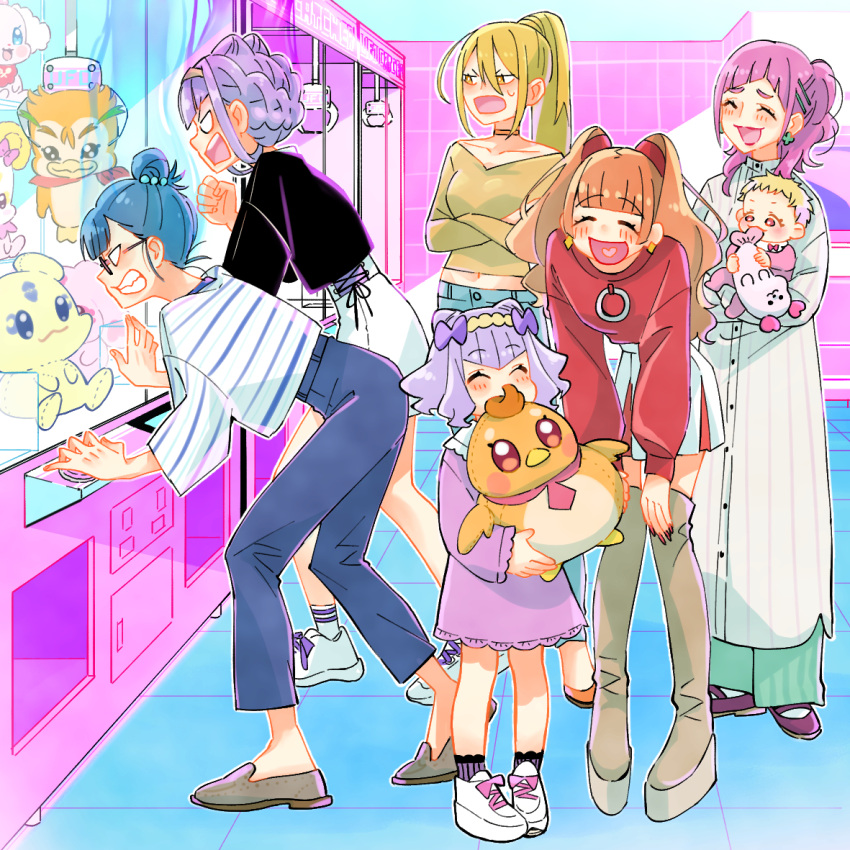 6+girls :d aged_up aisaki_emiru ankle_socks baby black_shirt blank_eyes blonde_hair blue_pants blunt_bangs boots braid brown_footwear brown_hair candy_(smile_precure!) capri_pants carrying child_carry choker clenched_hand closed_eyes collared_shirt commentary cone_hair_bun crane_(machine) crossed_arms cut_bangs denim double_bun dress earrings facing_another flats frown futari_wa_precure glaring glasses grey_footwear grey_hairband grey_shirt grimace hair_bun hair_intakes hair_ornament hair_ribbon hairband hairclip half-closed_eyes hands_on_own_knees heel_up high_collar hugtto!_precure jeans jewelry kagayaki_homare kirakira_precure_a_la_mode kururun_(precure) leaning_forward long_hair long_shirt long_sleeves medium_dress mepple midriff miniskirt mipple monster_rally mother_and_daughter multiple_girls navel no_socks nono_hana onesie open_mouth pants pekorin_(precure) pleated_skirt ponytail precure purple_dress purple_footwear purple_hair purple_ribbon purple_socks red_sweater ribbon ruru_amour series_connection shirt shoes short_hair skirt smile smile_precure! sneakers socks striped striped_shirt stuffed_animal stuffed_toy sweatdrop sweater syrup_(yes!_precure_5) thigh_boots time_paradox v-shaped_eyes white_footwear white_shirt white_skirt white_socks yakushiji_saaya yellow_choker yellow_hairband yellow_shirt yes!_precure_5 yes!_precure_5_gogo! yuunagi_tsubasa_(bird)