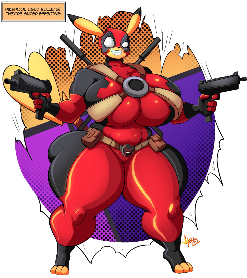 2023 absurd_res anthro big_breasts breasts clothed clothing cosplay crossover crossover_cosplay deadpool english_text female fur generation_1_pokemon hi_res huge_breasts jaeh marvel mask nintendo pikachu pokemon pokemon_(species) solo text tight_clothing yellow_body yellow_fur