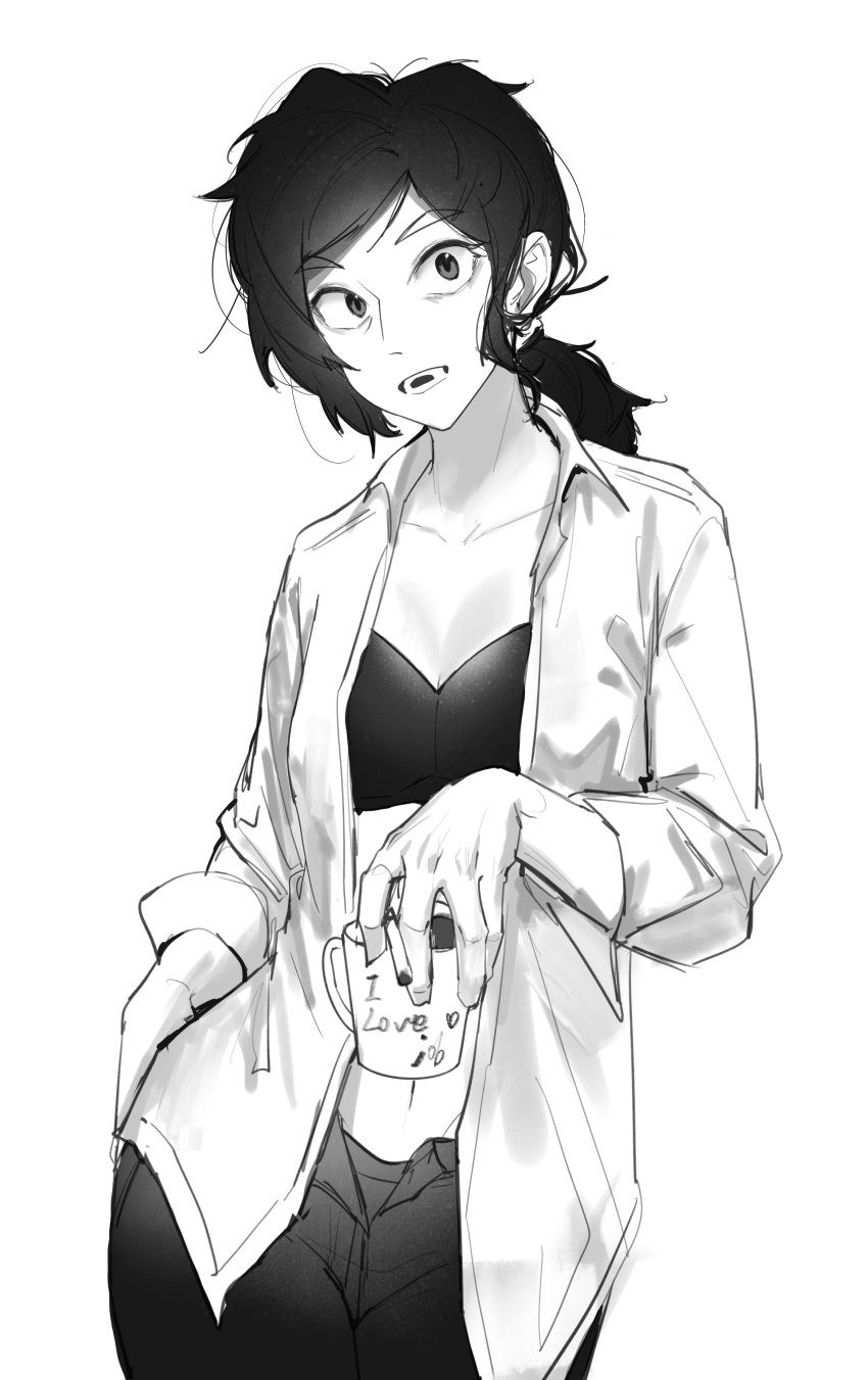 1girl absurdres black_bra black_eyes black_hair black_pants bra cigarette collarbone collared_shirt cup highres holding holding_cigarette holding_cup inside_job monochrome mug open_clothes open_pants open_shirt pants reagan_ridley rrrrrrrrrrrou1 shirt solo underwear