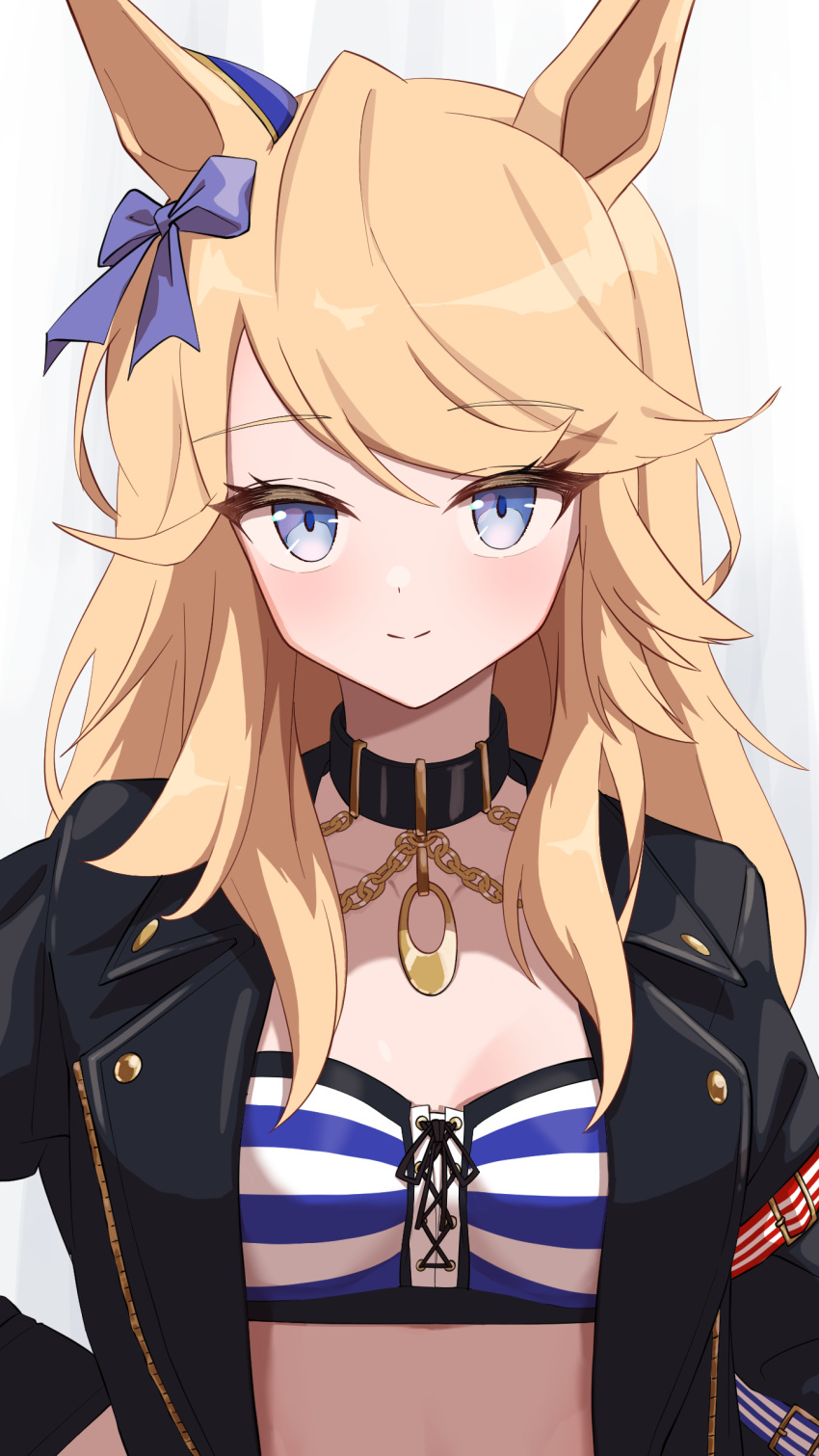 1girl absurdres animal_ears bandeau black_choker black_jacket blonde_hair blue_bow blue_eyes bow choker commentary_request gold_city_(umamusume) hair_bow highres horse_ears jacket long_hair long_sleeves looking_at_viewer midriff nowoka open_clothes open_jacket smile solo strapless striped_bandeau tube_top umamusume upper_body