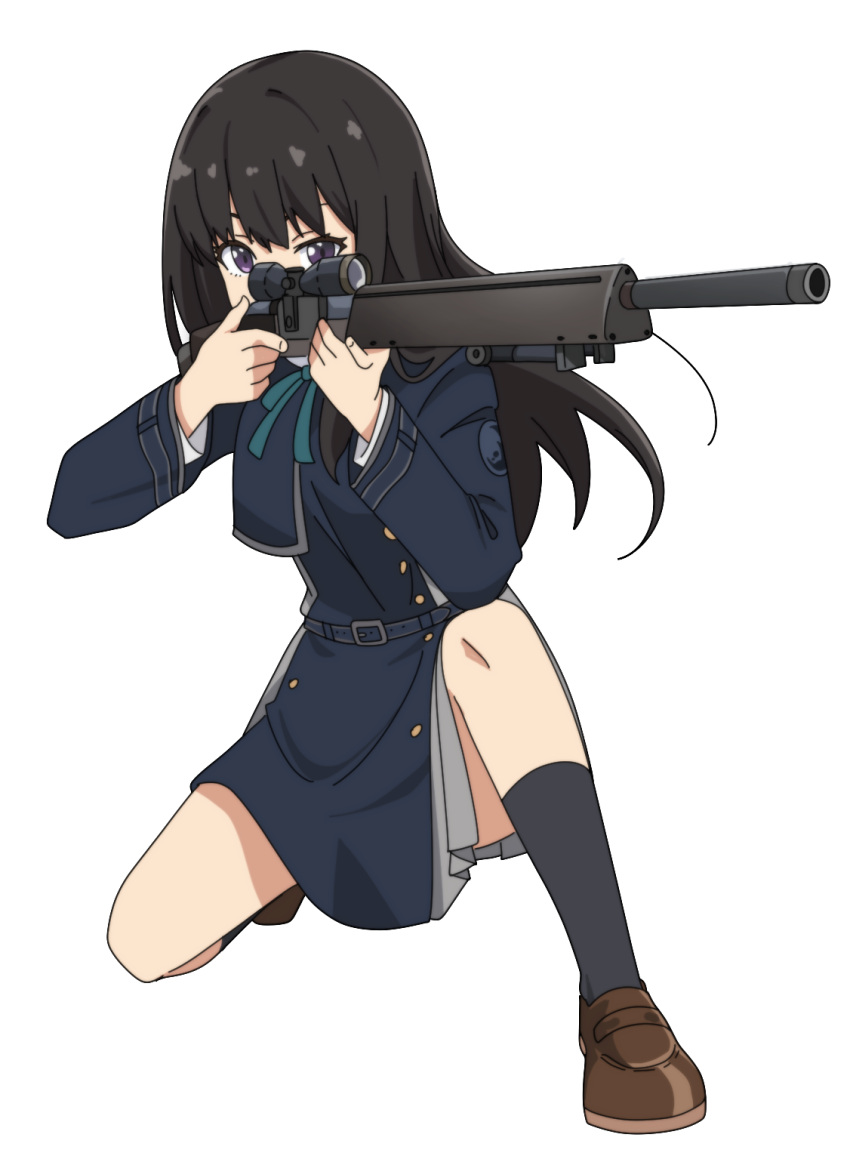 1girl aiming bad_gun_anatomy bipod black_hair black_socks blue_dress brown_footwear covered_mouth dress eyebrows_hidden_by_hair full_body green_ribbon grey_dress gun h&amp;k_psg1 highres holding holding_gun holding_weapon inoue_takina loafers long_hair long_sleeves looking_afar lycoris_recoil lycoris_uniform neck_ribbon nyaru_(nyaru_4126) on_one_knee pleated_dress purple_eyes ribbon rifle scope shoes simple_background sniper_rifle socks solo two-tone_dress very_long_hair weapon white_background