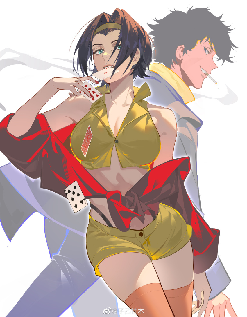 1boy 1girl absurdres black_hair blue_eyes blue_jacket blue_pants breasts card cigarette cleavage collared_shirt commentary cowboy_bebop cropped_shirt faye_valentine feet_out_of_frame fingernails green_eyes grin hairband hand_up highres holding holding_card jacket jacket_partially_removed large_breasts lips long_sleeves looking_at_viewer mouth_hold nail_polish orange_thighhighs pants panty_straps red_jacket shirt short_hair shorts simple_background smile smoke_trail spike_spiegel teeth_hold thighhighs weibo_logo weibo_username white_background yellow_hairband yellow_shirt yellow_shorts ziyiganmu