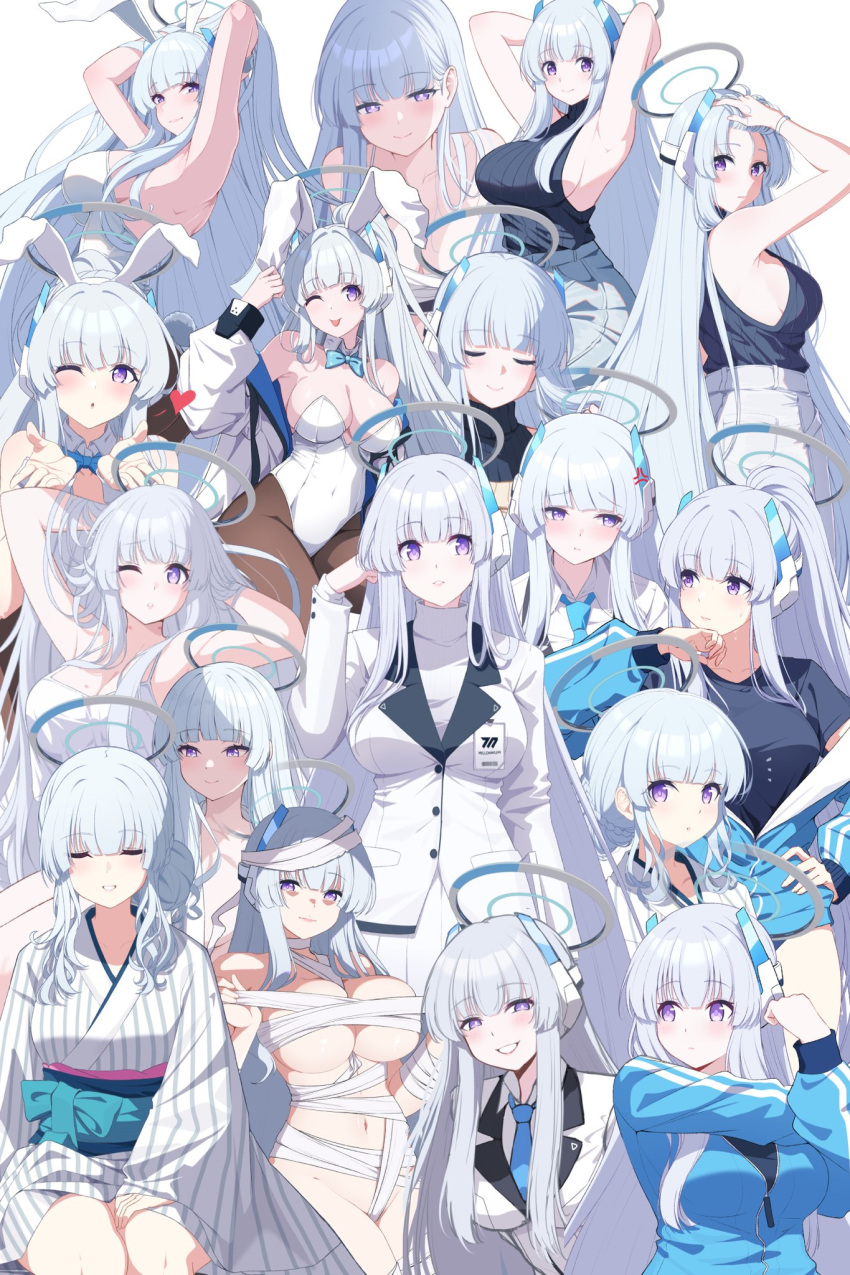 1girl animal_ears armpits arms_up blue_archive blue_necktie blue_shirt breasts cleavage collage detached_sleeves grey_hair gym_shirt gym_uniform halo hand_on_leg hands_in_hair heart highres jacket japanese_clothes kimono large_breasts legs leotard light_blue_jacket long_skirt looking_at_viewer mummy_costume navel necktie noa_(blue_archive) one_eye_closed playboy_bunny purple_eyes rabbit_ears reia_76 sash shirt skirt smile stretching suit teeth two-sided_fabric two-sided_jacket white_background white_jacket white_kimono white_leotard white_skirt white_suit yukata