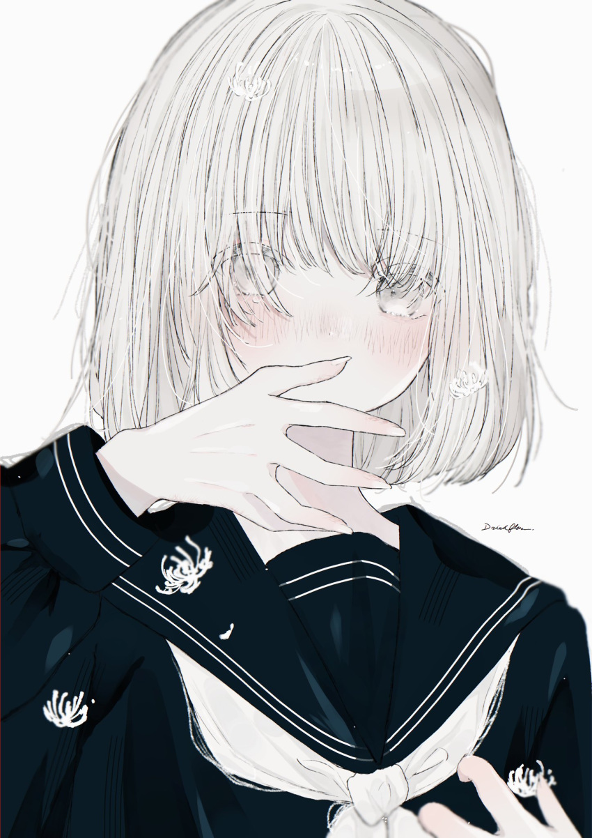 1girl black_sailor_collar black_serafuku blush commentary_request covered_mouth driedflower flower hand_up highres long_bangs long_sleeves looking_at_viewer medium_hair neckerchief original sailor_collar school_uniform serafuku signature simple_background solo spider_lily tears upper_body white_background white_eyes white_flower white_hair white_neckerchief white_spider_lily