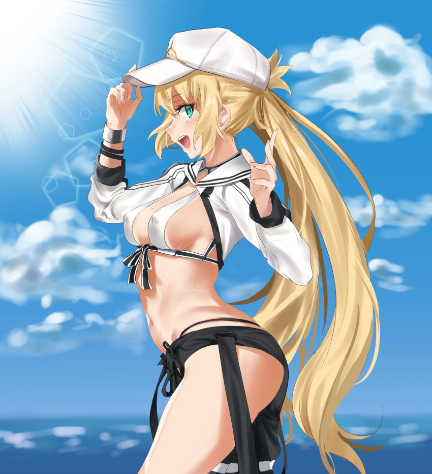 1girl absurdres artoria_caster_(fate) artoria_caster_(swimsuit)_(fate) artoria_pendragon_(fate) baseball_cap bikini blue_sky breasts das_(dan_dan) fate/grand_order fate_(series) green_eyes hat highres long_hair long_sleeves looking_at_viewer open_mouth sky smile solo sunlight swimsuit twintails